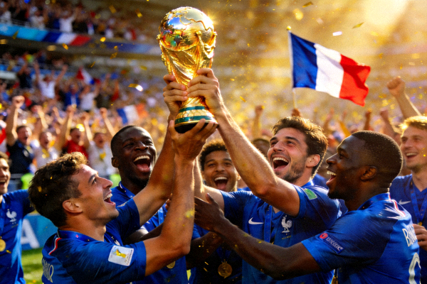 法国国家足球队蓝色球衣队员高举世界杯奖杯的辉煌时刻