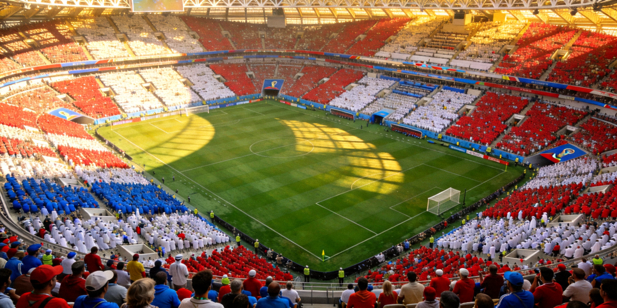 世界杯决赛球场鸟瞰全景，绿茵场与观众席座无虚席的壮观场面